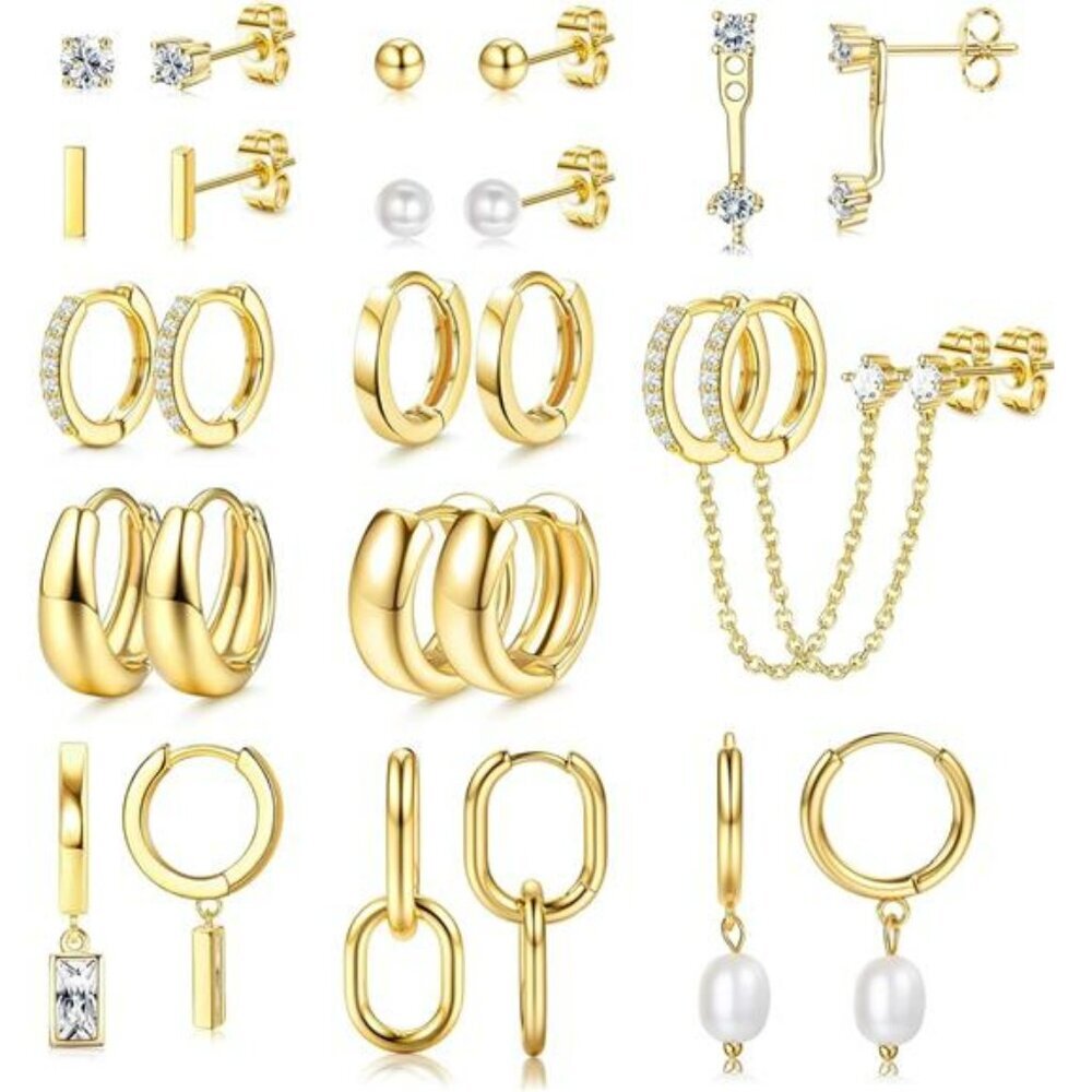 Gold Hoop Earrings Set Women 13 Pairs Huggie Stud Pearl Dangle Lightweight